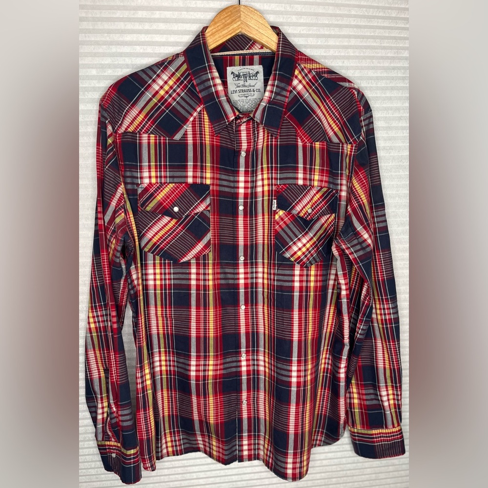 Levi’s Two Horse Brand Plain Western Long Sleeve Pearl Snap Men’s Plaid shirt XL